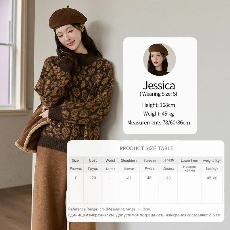 MISHOW Women's Color Block Geometric Leopard Jacquard Sweater Winter French Half Turtleneck Dropped Sleeve Knitwear MXE91Z2839