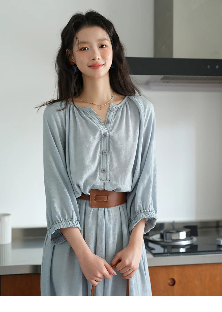 MISHOW Women's Half Sleeve Button Bamboo Knot Dress with Bohemian Belt 2025 Autumn Blue Long Dress Ladies Clothing MXE20L2468