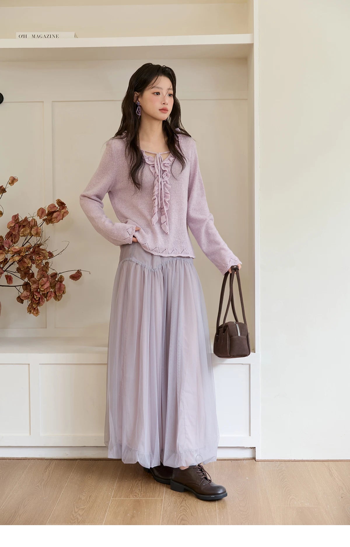 MISHOW Women Long Sleeve Tees 2025 Autumn New V-neck Wood Ear Hollow Out Knitted Sweater Women's  Beige Wool Top MXE51Z2595