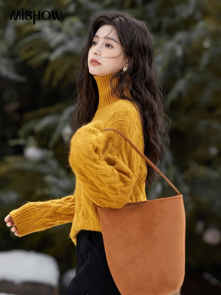 MISHOW Turtleneck Texture Solid Sweater Soft Warm Coat Winter Women Clothes Versatile Temperament Tops Office Lady MXD57Z1090