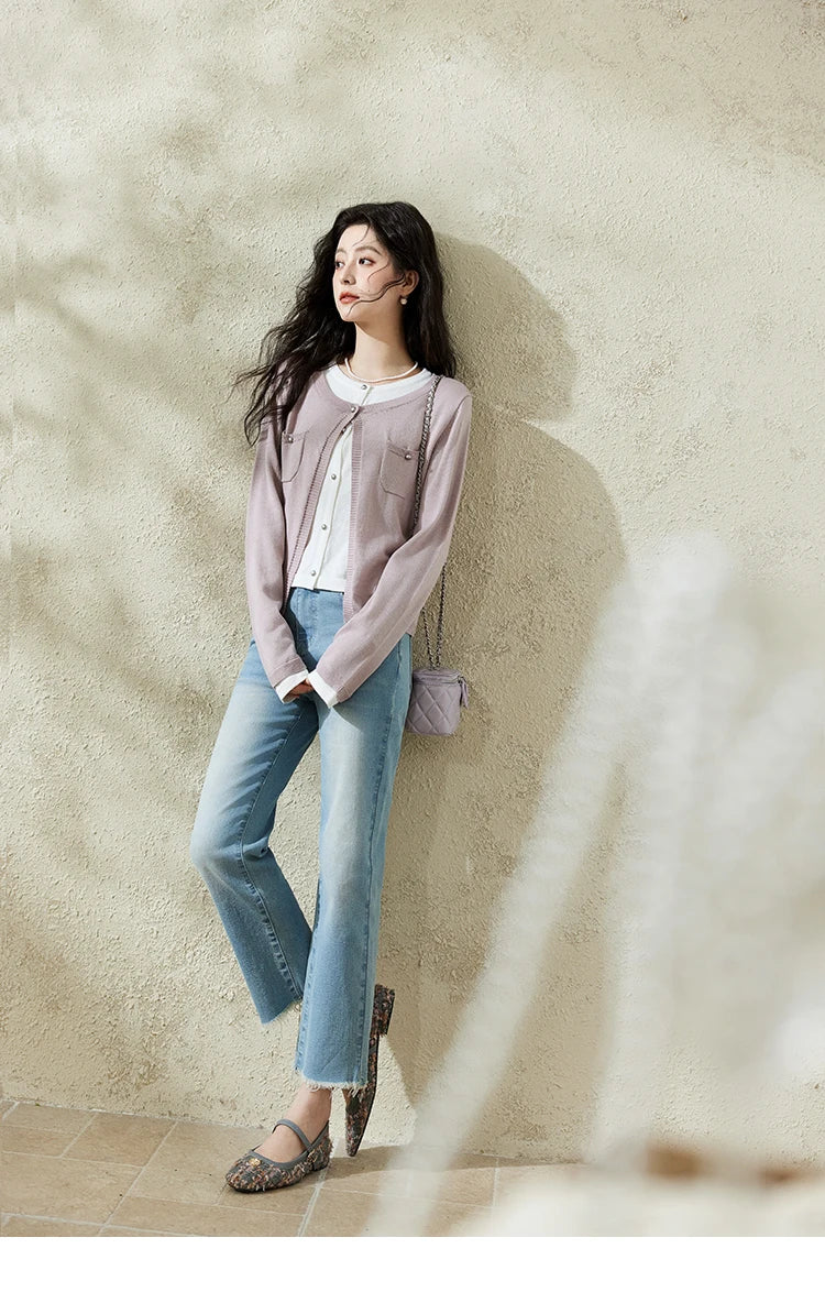 MISHOW Wool Knitted Cardigan Fake Two-piece Contrasting 2025 Spring Women Slim Fit Top O Neck Patch Pocket Sweaters MXE12Z1144