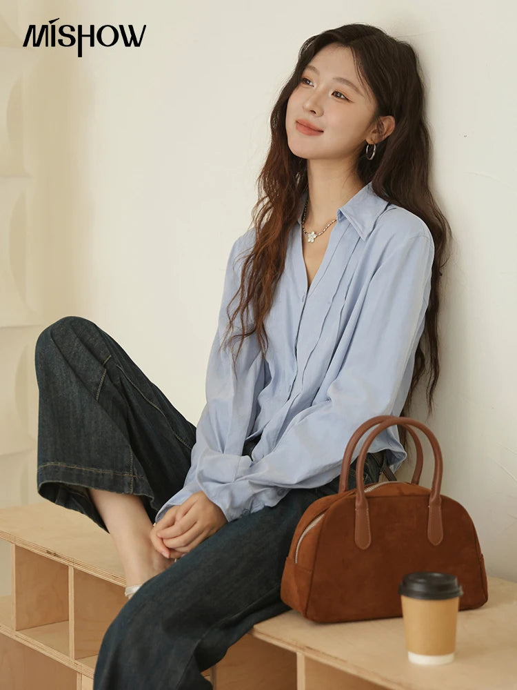 MISHOW Blue Peach Skin Velvet Shirt for Women Autumn 2025 Lapel V-neck Shirts Female Pleated Cuffs Tops Office Lady MXE44C2392