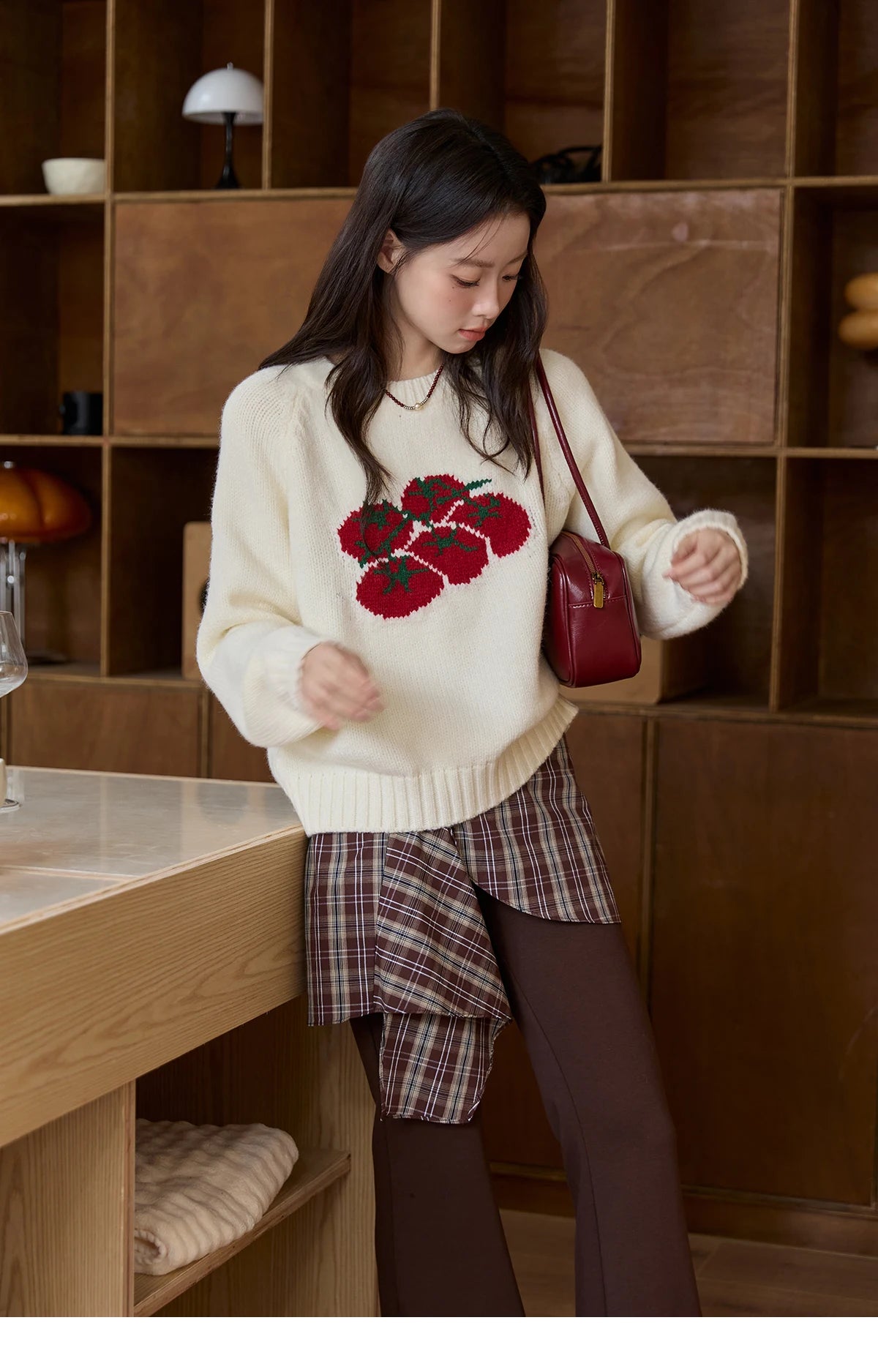 MISHOW Women's Off-white Sweater 2025 Winter new Tomato Jacquard Long-sleeved Sweater Loose Casual Knitted Pullover MXE51Z2692