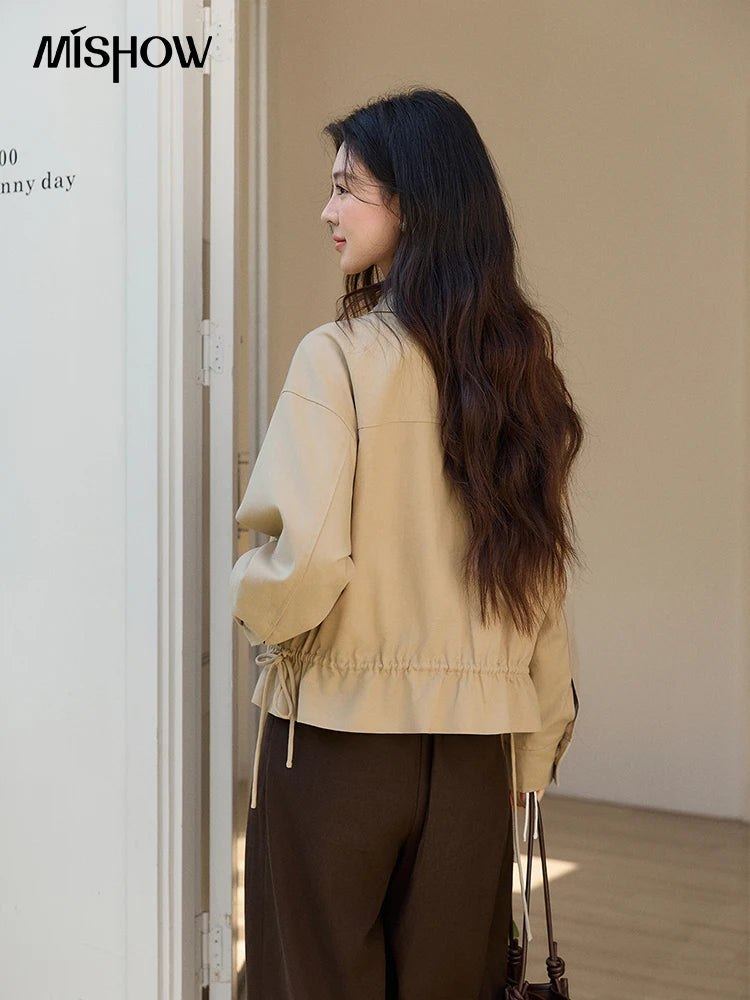 MISHOW Women's Khaki Cropped Jacket 2026 Spring Asymmetrical Collar Drawstring Waist Short Jackets Casual Loose Coat MXF11W1029