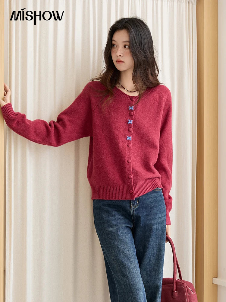 MISHOW Red Knitted Cardigan for Women 2025 Autumn Round Neck Single Breasted Buckle Embroidered Casual Cardigans Lady MXE47Z2621