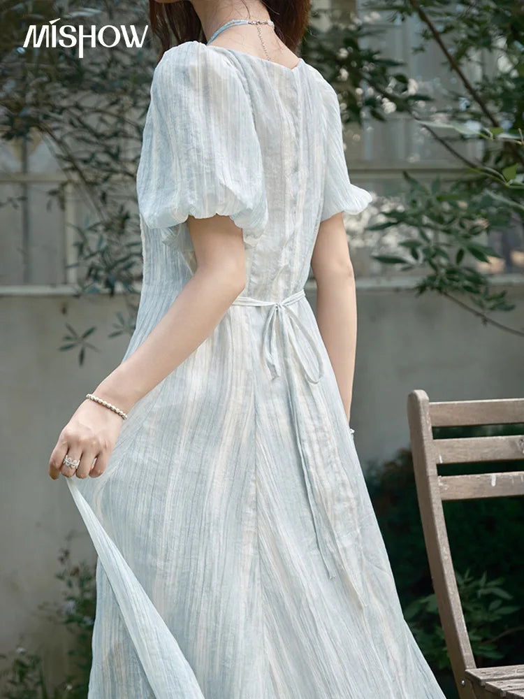 MISHOW Women's Summer Dress 2025 New Fashion Striped Square Neck Spliced Lace Hollow Out Dress Waist Lace Up Dresses MXE39L2403