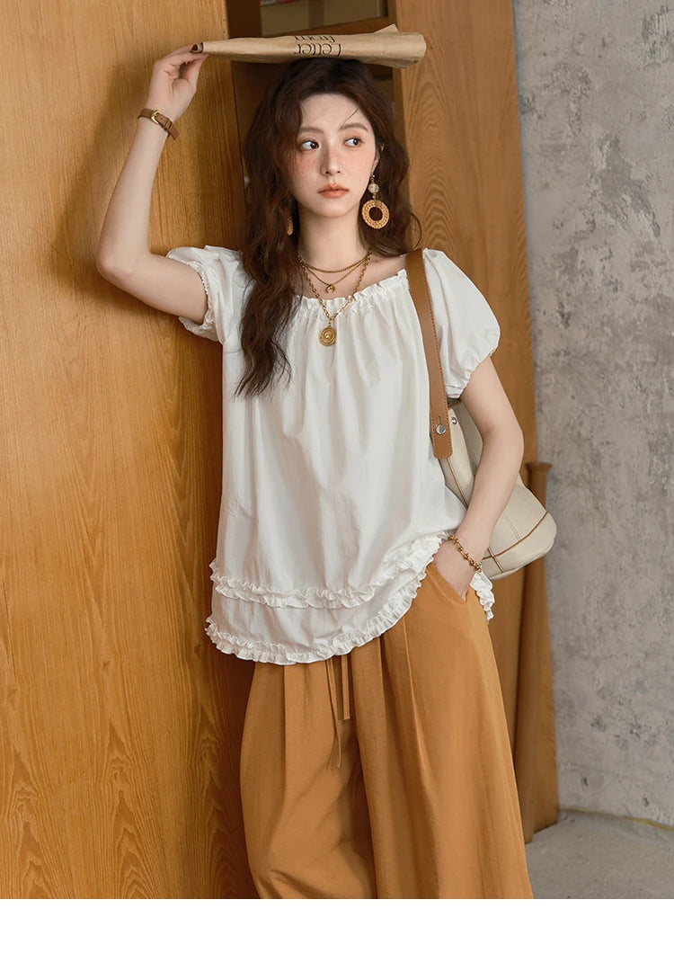 MISHOW Women's Fashion Puff Sleeve Blouse 2025 Summer Casual O-Neck Edible Tree Fungus Spliced Top Female Clothing MXE39X1929