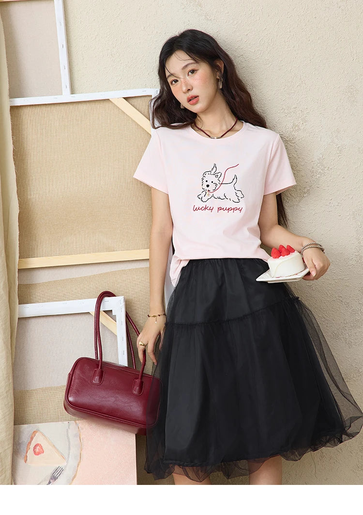 MISHOW Cute Printed Puppy Short Sleeve T-shirt 2025 Summer Round Neck Short Sleeved T-shirt Cotton Blend Casual Tees MXE36T0640