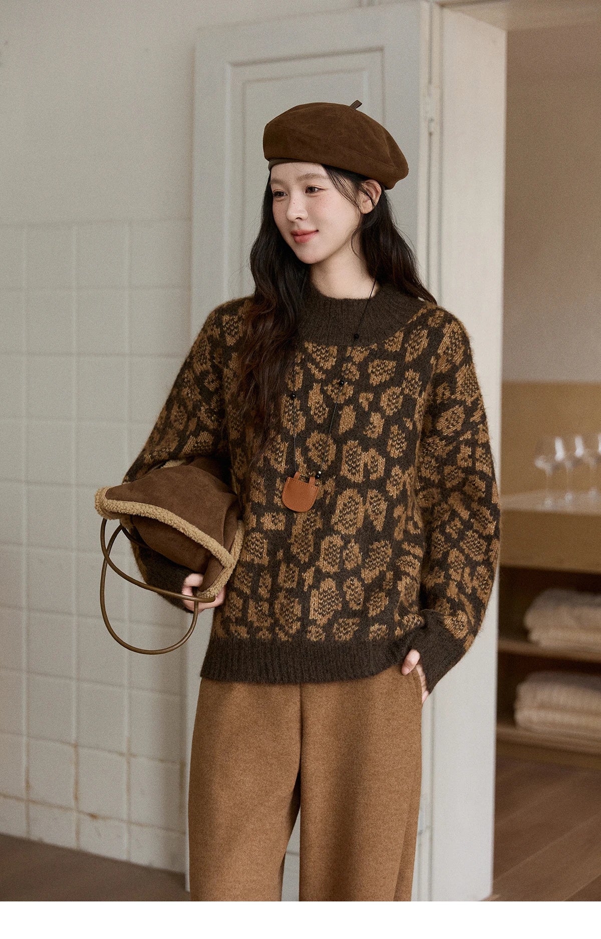 MISHOW Women's Color Block Geometric Leopard Jacquard Sweater Winter French Half Turtleneck Dropped Sleeve Knitwear MXE91Z2839