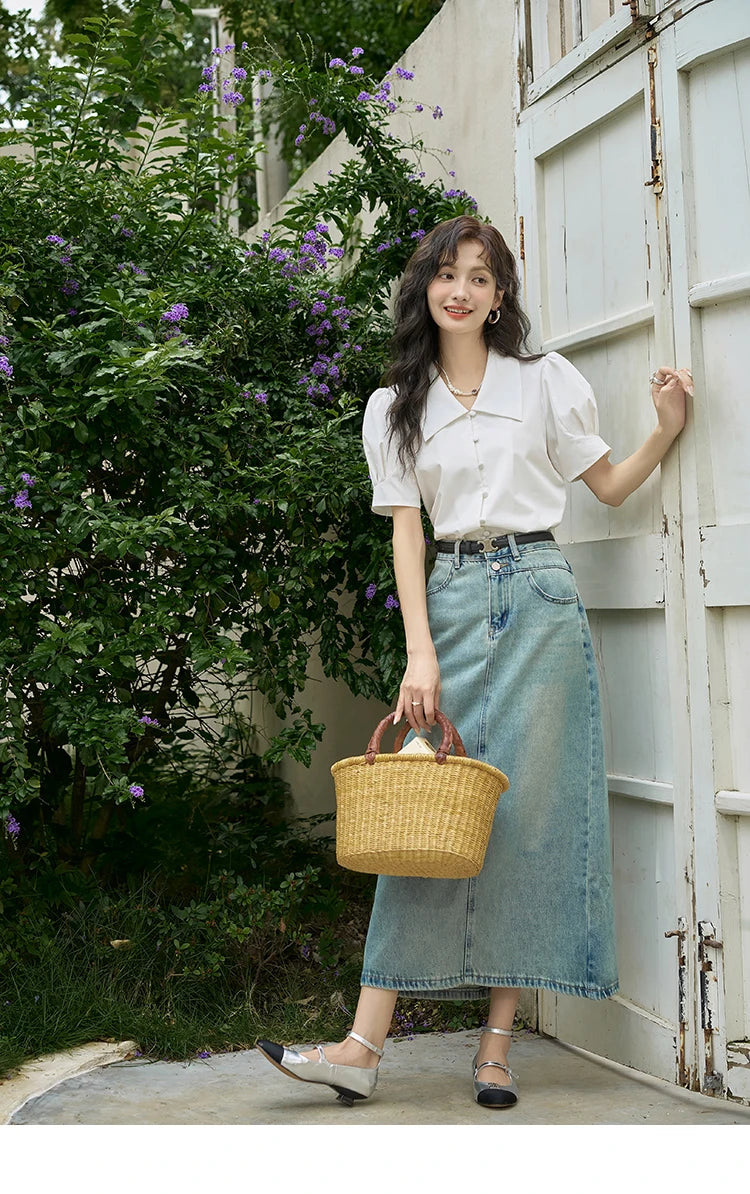 MISHOW Bubble Sleeve V-neck Commuting Shirts for Women 2025 Summer Retro Lapel Neck Short Sleeve Loose Solid Tops MXD28X1471