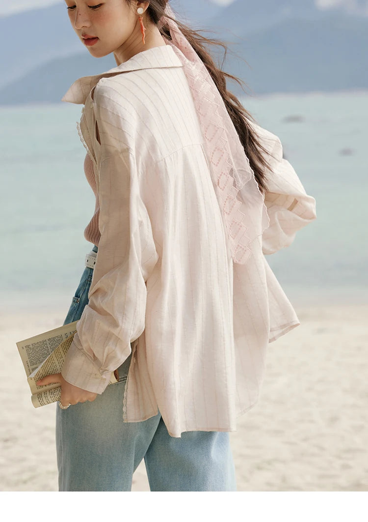 MISHOW Office Lady Summer Blouses Women 2025 New Striped Long Sleeve Turn-down Collar Shirt Female Fashion Loose Tops MXE33C0772