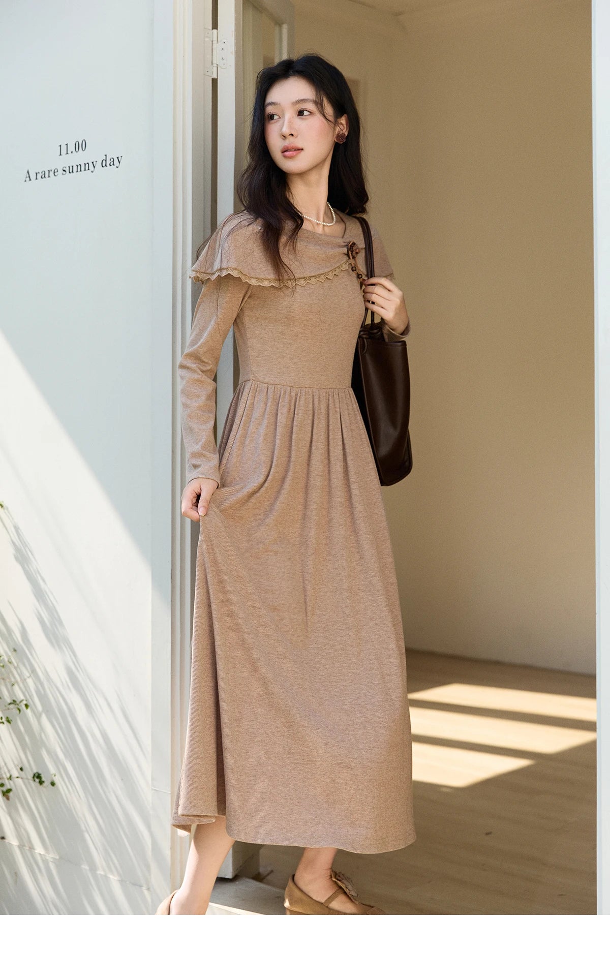 MISHOW Women's Khaki Knitted Dress 2026 Spring Large Collar Decor Long Sleeve Dresses Pleated Casual Elegant Dress MXF11L2553