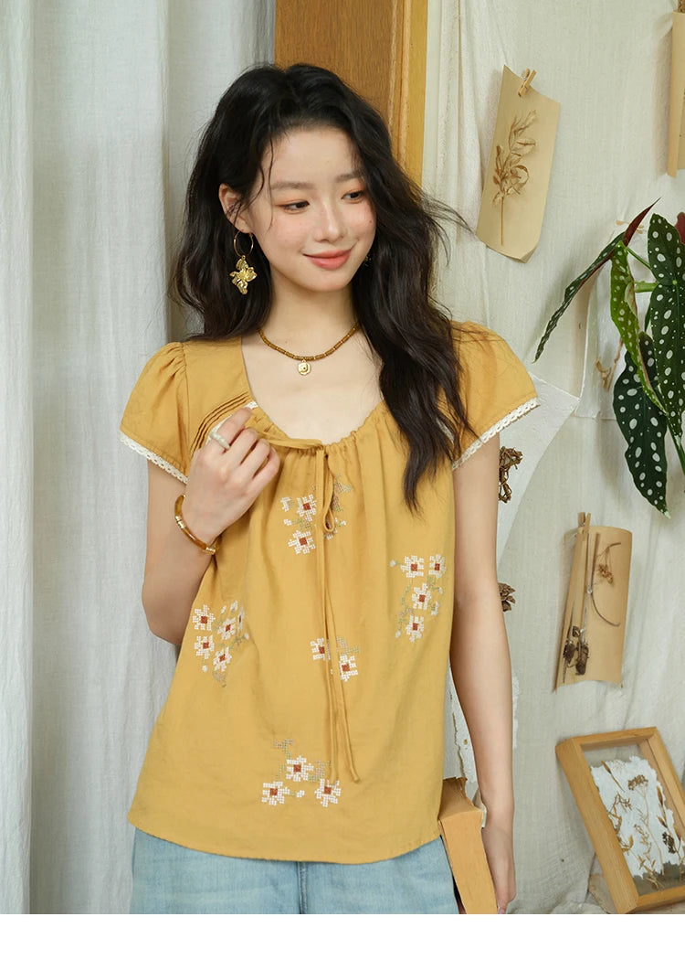 MISHOW Fashion Embroidery Flower Blouses for Woman 2025 Summer O-Neck Lace Up Flying Sleeve Lace Spliced Loose Top MXE39X1880