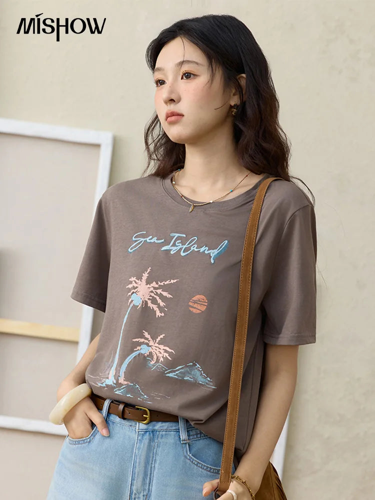 MISHOW Casual Print Shirts Women Summer New 2025 Short Sleeve Round Neck Loose Pure Cotton T-shirt Female Fashion MXE31T0533