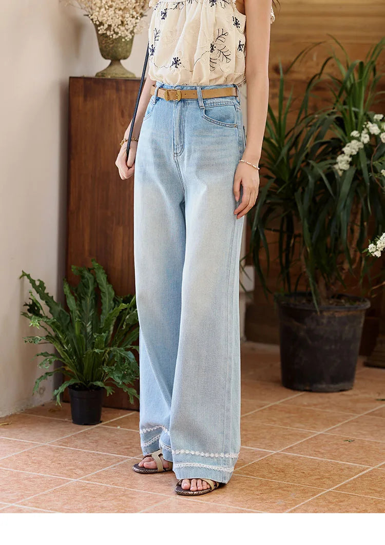 MISHOW Denim Blue Lace Straight Leg Pants for Women Summer 2025 High Waist Trousers 100 Cotton Casual Wide Leg Jeans MXE35K0947