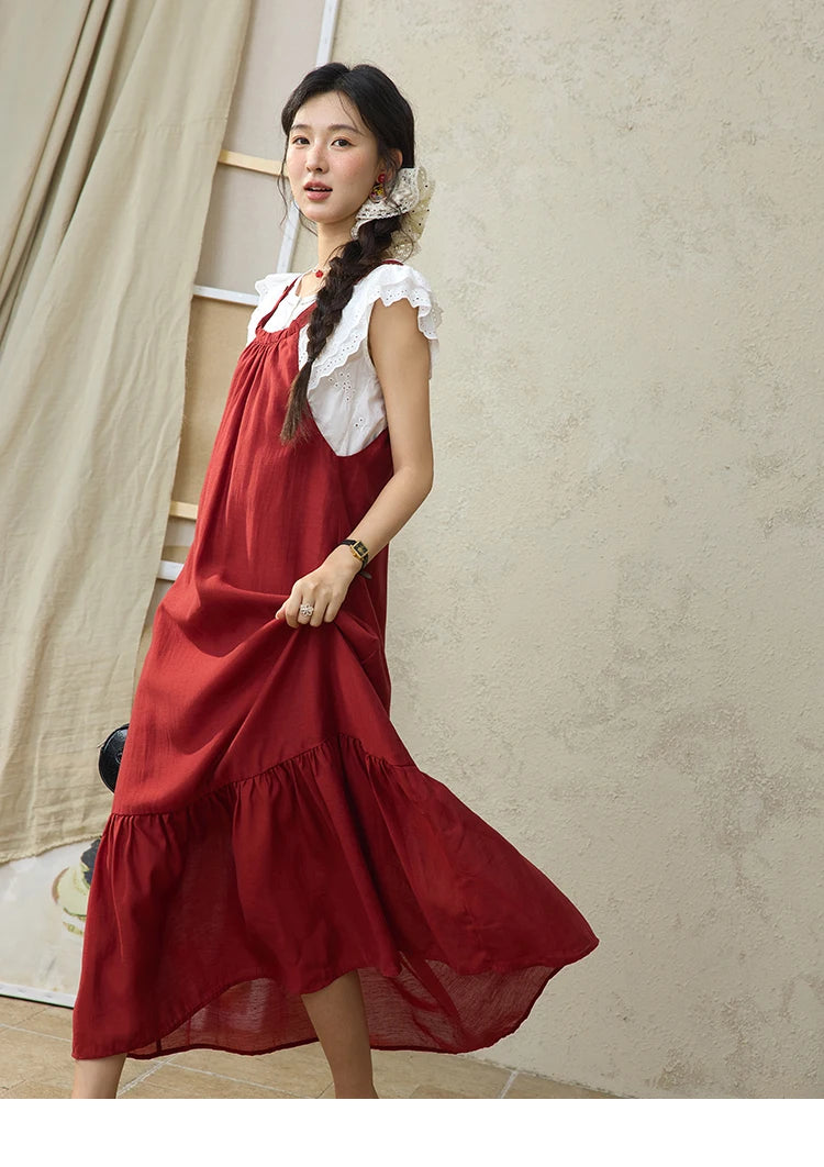 MISHOW Red Linen Strap Midi Dress Summer Sleeveless Casual Vacation Dress Hanging Neck Loose A-LINE Dress (Not A Set) MXE36L2309