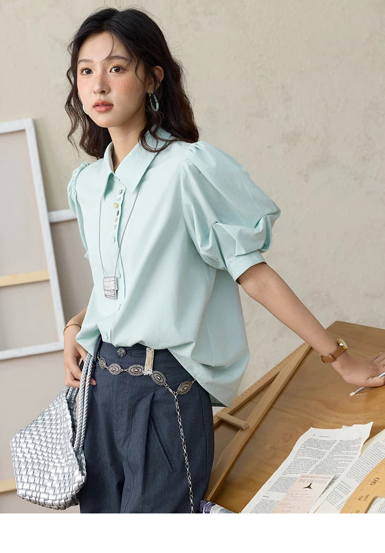 MISHOW Light Green Bubble Sleeve Shirt for Women Summer 2025 Lapel Collar Irregular Button Shirts Cotton Commuter Top MXE34C0788