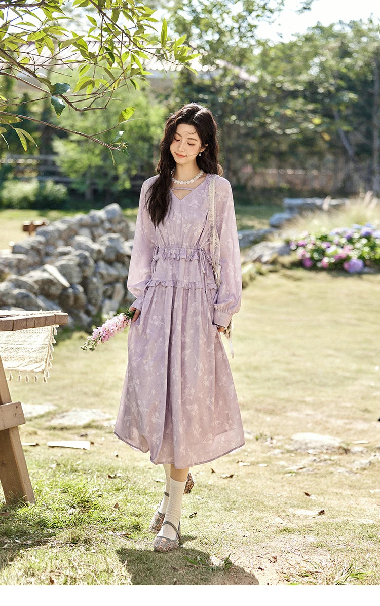 MISHOW Elegant Black Fungus Edge Dress for Women Spring 2025 Floral Lace-up Waist Dresses Long Sleeved Cake Dress MXE13L2101