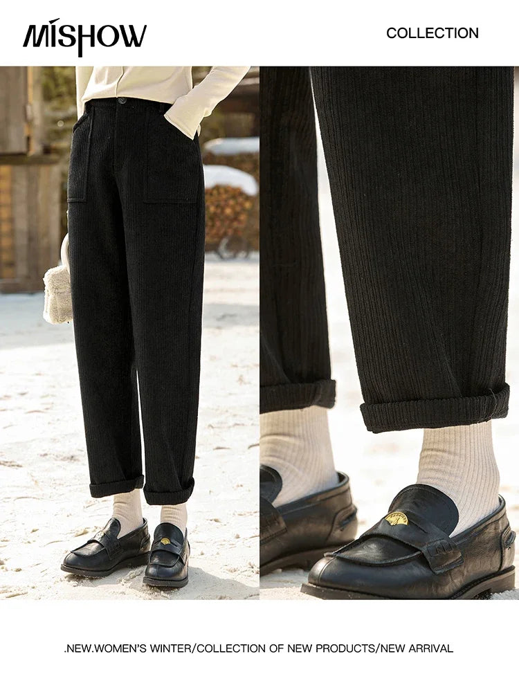 MISHOW Corduroy Pants High Waist Straight Pants Pocket Design Velvet Inside Comfortable Touch Slim Fit Office Lady MXD55K0813