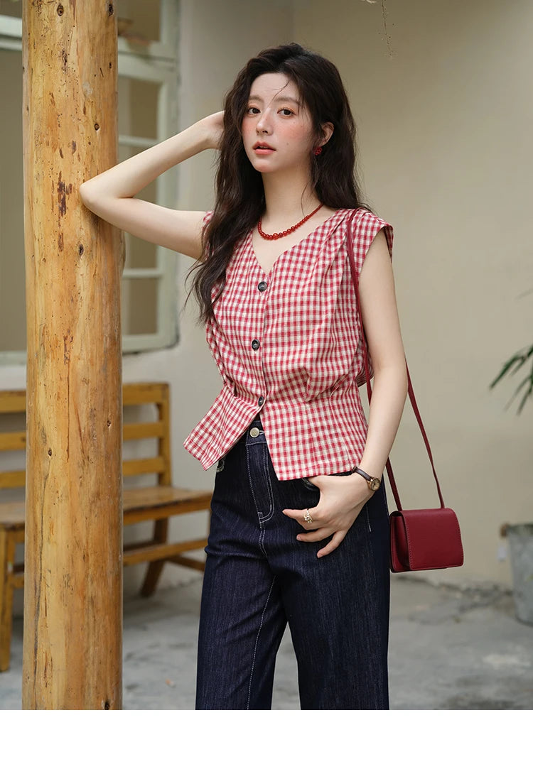 MISHOW Women's Fashion V-neck Shirt 2025 Summer New Plaid Ladies Red Button Shirt Casual Retro Top Female Clothing MXE37X1921