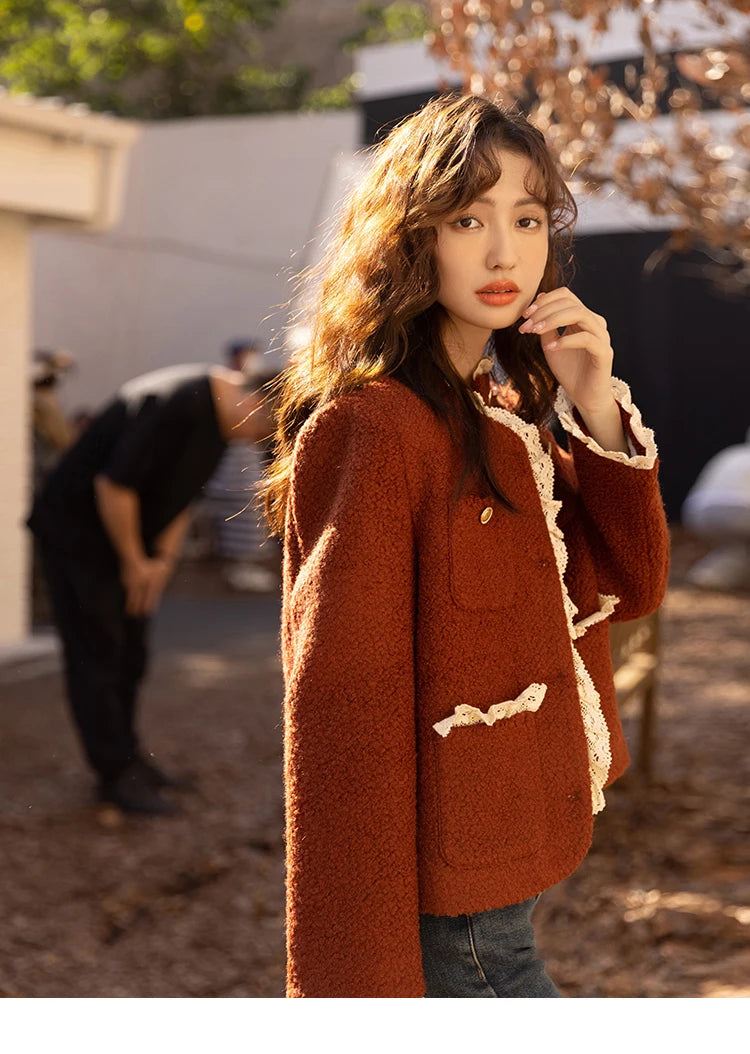 MISHOW Wool Coat for Women Winter Korean Retro Lace Splicing Lamb Wool Button Pockets Thickened Warm Female Coat MXB43W0720