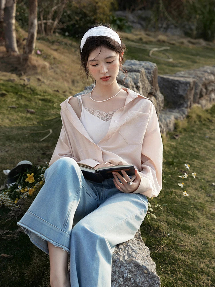 MISHOW Casual Spring Shirt Women New 2025 Long Sleeve Turn-down Collar Fake Two-piece Blouses Lady Fashion Loose Tops MXE16C0777