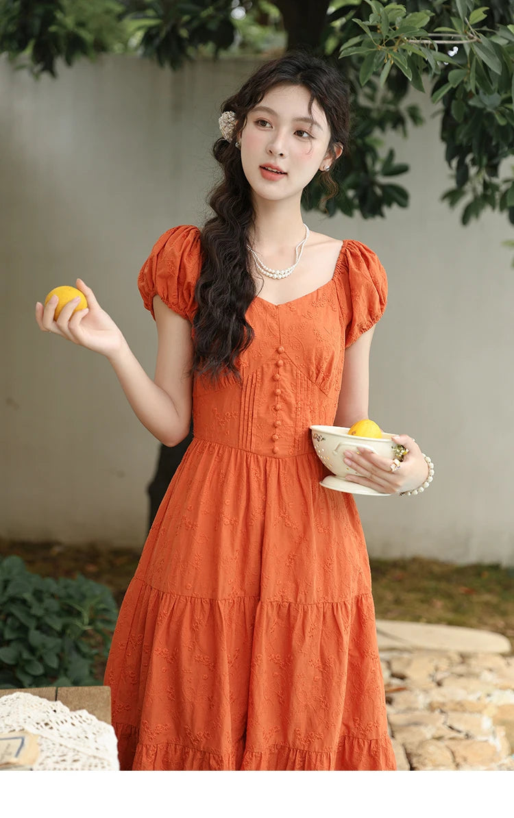 MISHOW 100 Cotton Orange Embroidered French Dress Women 2024 Summer V Neck Mid Length Dress Solid Loose A-line Dress MXD29L1931