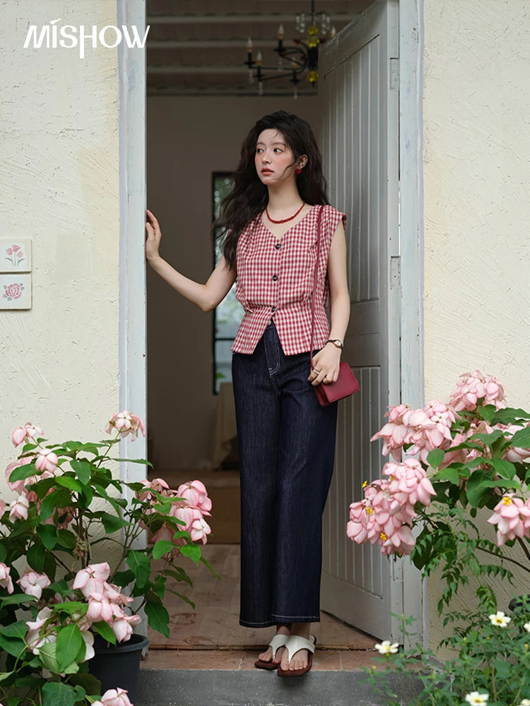 MISHOW Women's Fashion V-neck Shirt 2025 Summer New Plaid Ladies Red Button Shirt Casual Retro Top Female Clothing MXE37X1921
