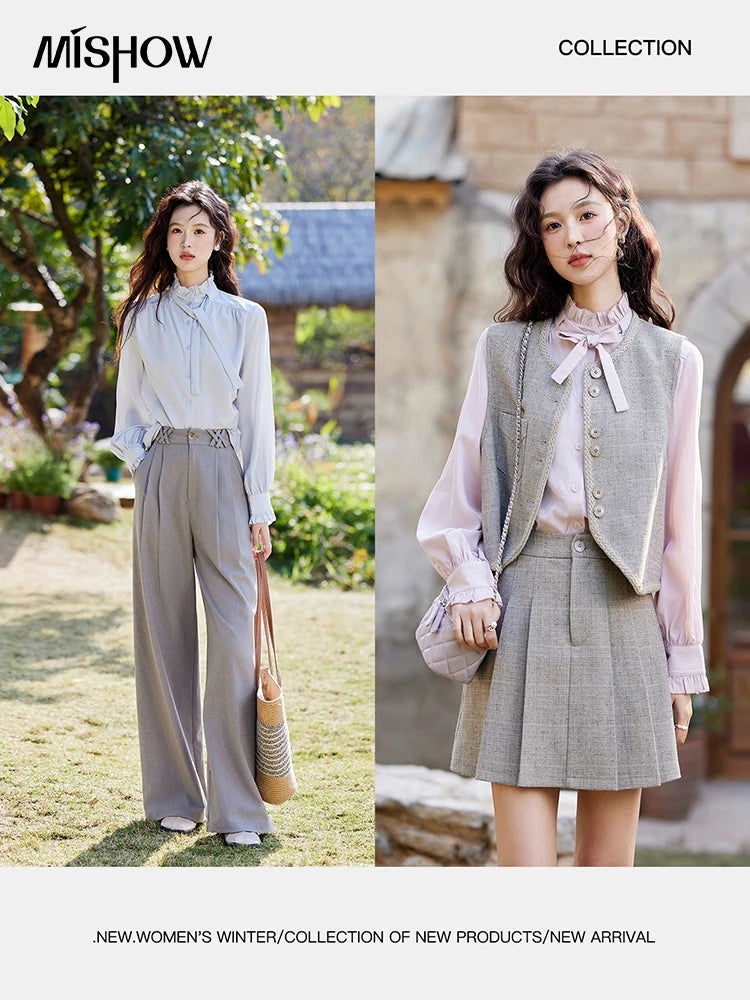 MISHOW French Ribbon Stringy Selvedge Neck Shirt for Women Spring 2025 Slim 100 Lyocell Shirts Solid Commuter Tops MXE13C0383