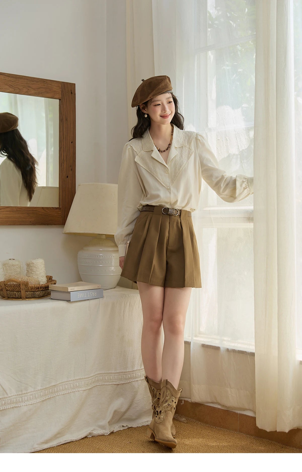 MISHOW Women's Casual Shirts 2025 Autumn Apricot Retro Lace V-neck Top Long Sleeve Lightweight Shirts Women Clothing MXE45X2486