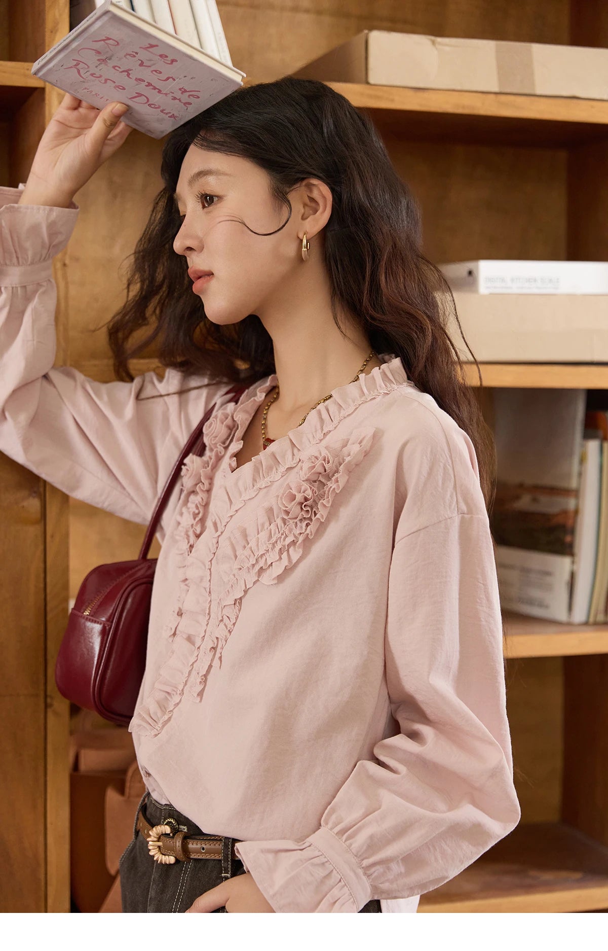 MISHOW Hand Sewn Rose Blouse for Women Autumn 2025 V-neck  Edible Tree Fungus Edge Tops Sweet Lantern Sleeves Blouses MXE44X2470