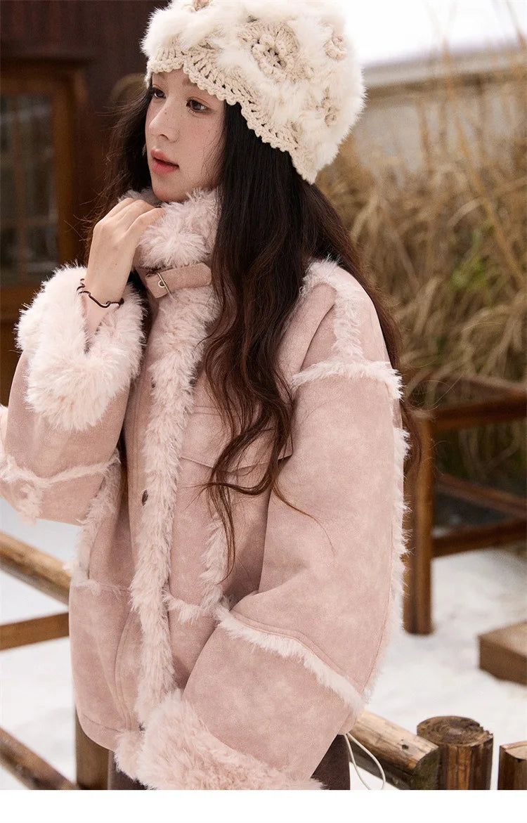 MISHOW Women's Pink Jacket 2025 Winter French Style Stand Collar Plush Patchwork Coat Windproof Warm Coat Woman MXE51W0911
