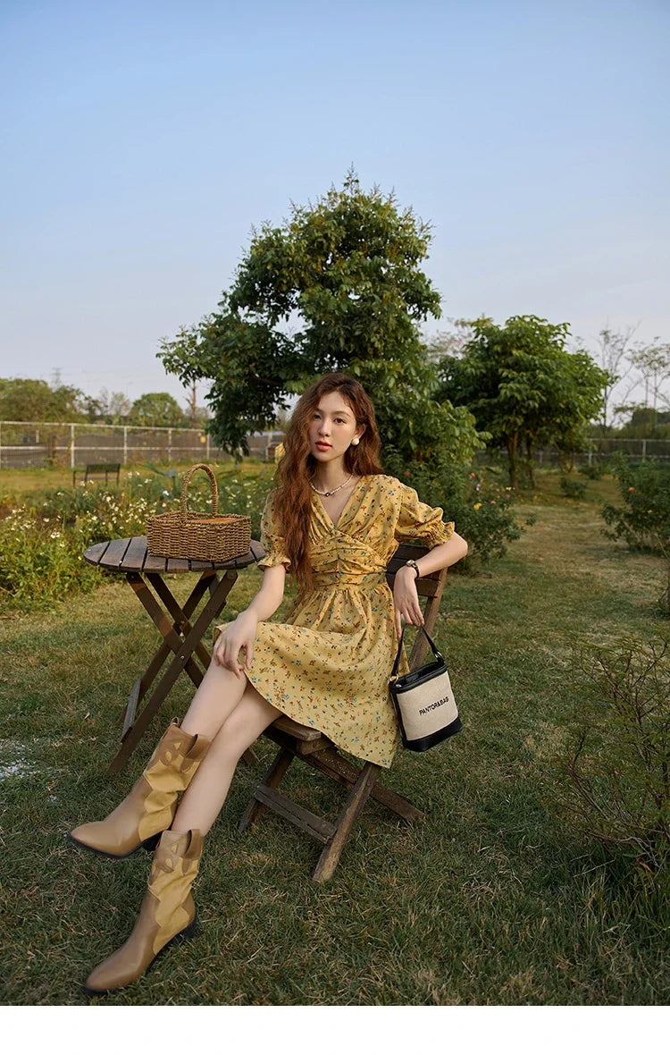 MISHOW Women's Retro Puff Sleeve Flower Dress 2025 Summer Waist Slim A-LINE V-Neck Shirring Female Ankle-Length Dress MXC33L1374