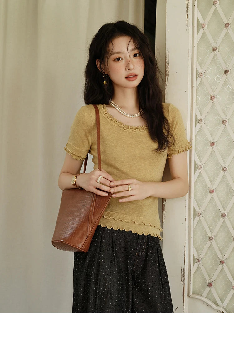 MISHOW Women's Round Neck Knit T-shirt Summer 2025 Fashion Ear Edge Short Top Casual Short Sleeve Tee Female Clothing MXE32Z1233