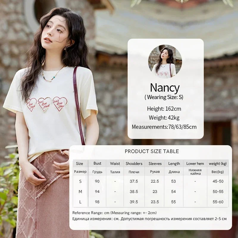 MISHOW Apricot Short Sleeved T-shirt Women 2025 Spring New Casual Versatile Heart Print Positive Shoulder Tops Outer MXE11T0491