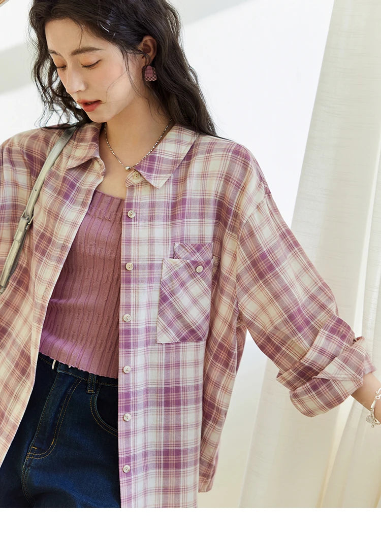 MISHOW Women's 100 Cotton Long-sleeve Purple Plaid Shirt Spring 2025 Loose Pockets Casual Shirts Korean Polo Neck Top MXE14C0417