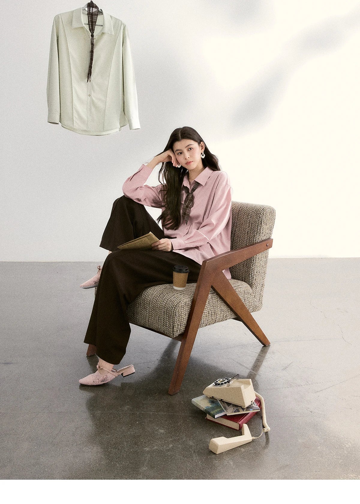 MISHOW Women's Casual Loose Shirt with Plaid Scarf 2026 Spring Lapel Tops Versatile Long Sleeve Shirts Office Lady MXF108C0815