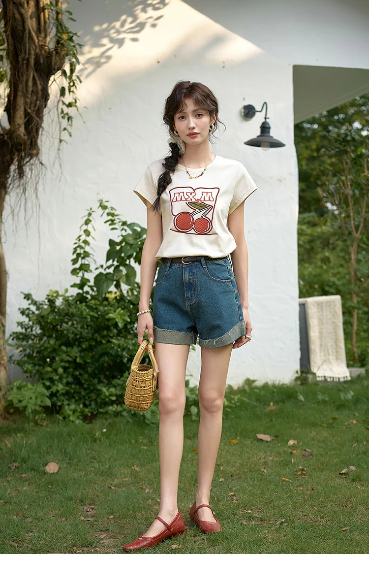 MISHOW Denim Shorts Cotton Elastic for Women 2024 Summer Korean High Waist Curled Edge Pants Casual Slim Short Pants MXD30K0659