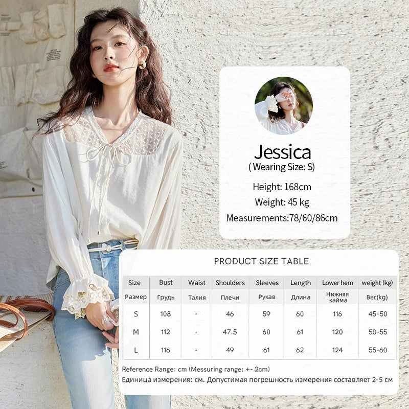 MISHOW Lace Patchwork Shirt for Women Spring 2025 V-neck with Fungus Edge Lace-up Chiffon Top Petal Sleeve Shirts MXE13X1713