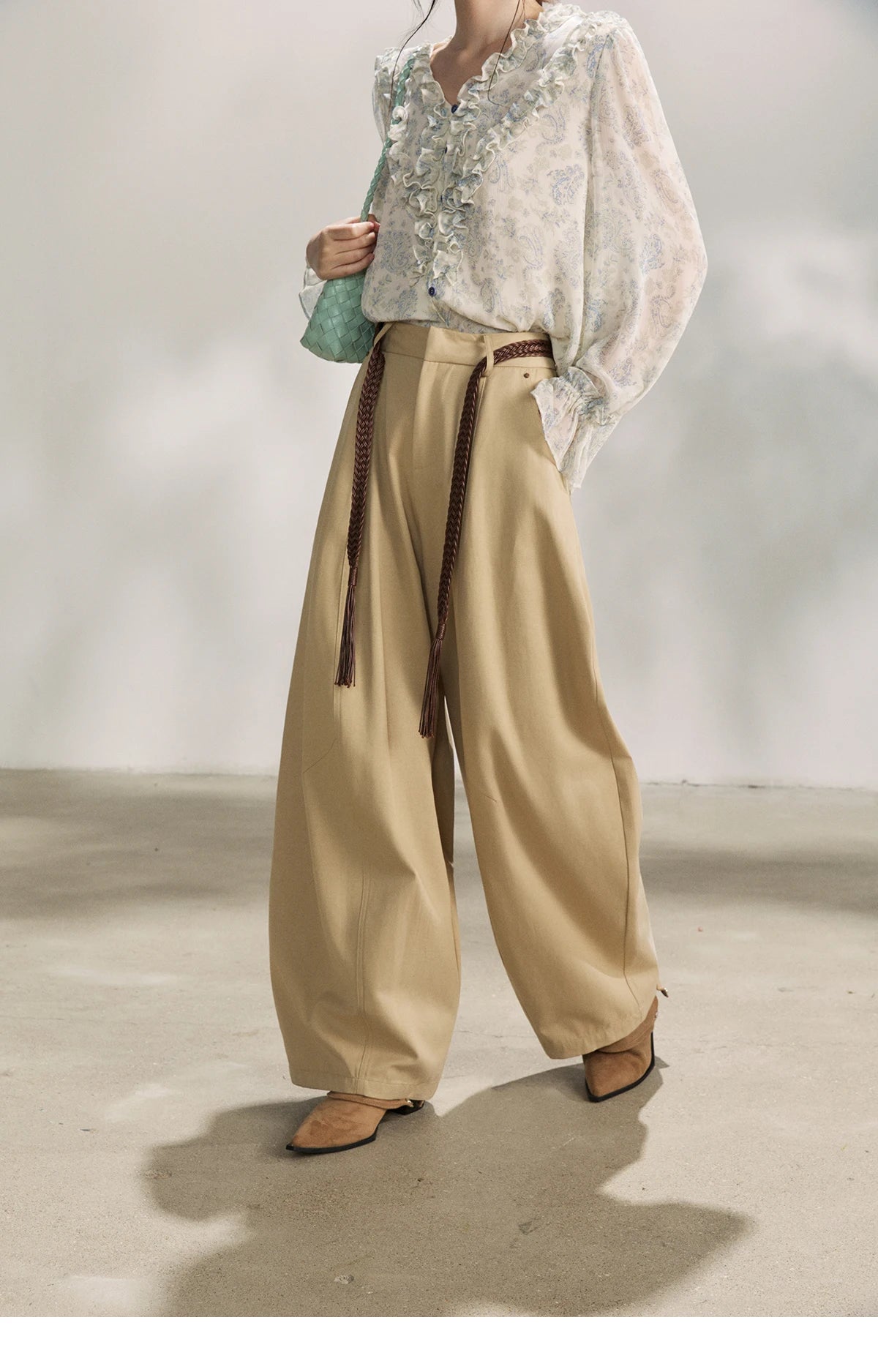 MISHOW Women's Khaki Wide Leg Pants 2026 Spring High Waist Belted Pants Rear Fake Pocket Design Casual Loose Trousers MXF13K1237