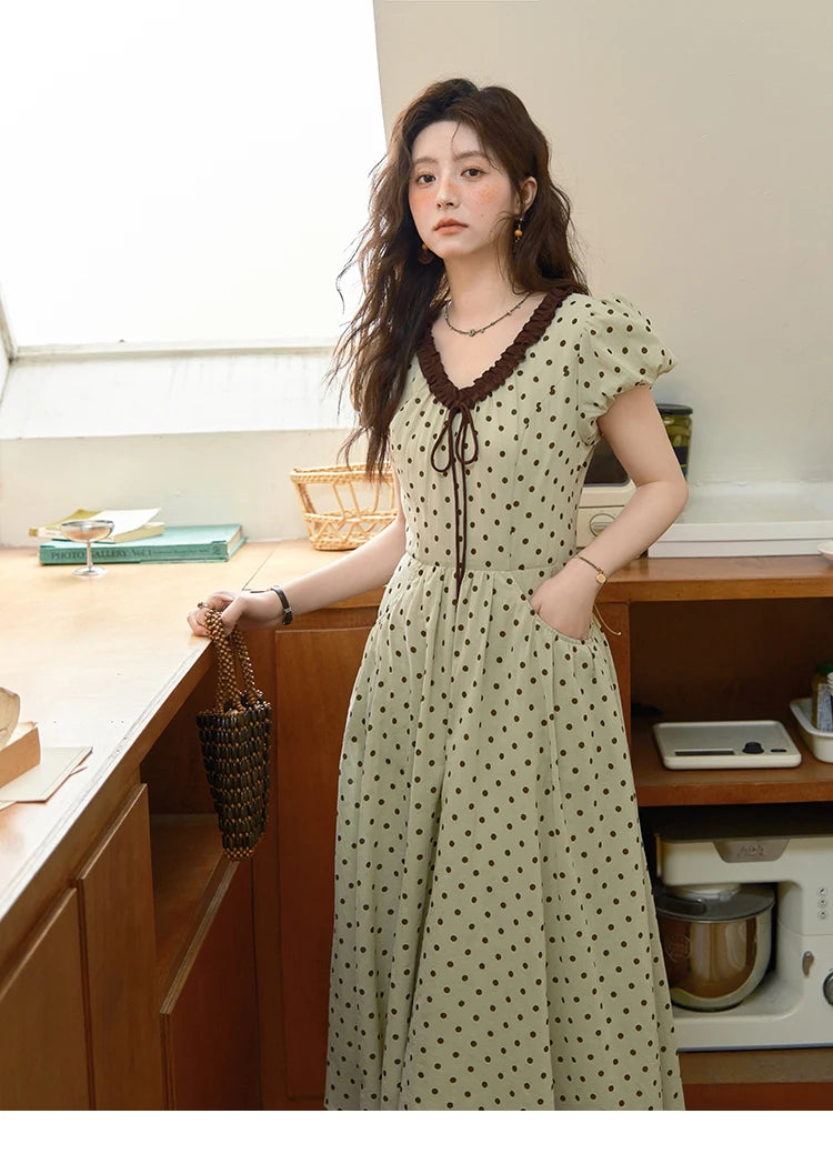 MISHOW Women's Casual Polka Dot Dress 2025 Summer New Ladies Puff Sleeve V-neck Lace Up Ruffle Edge Pocket Dresses MXE39L2326