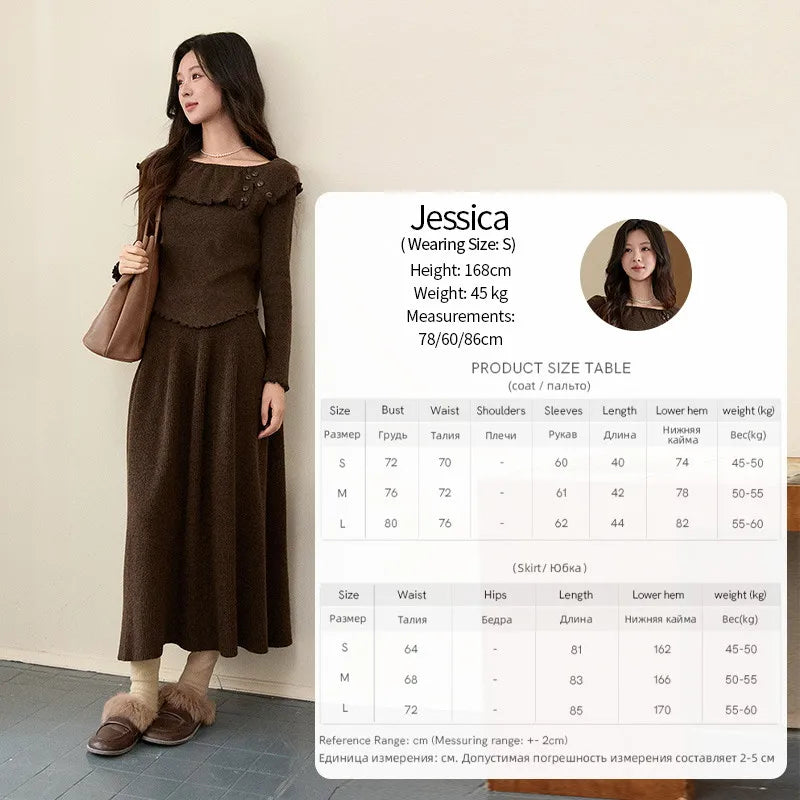 MISHOW Women's Retro Knitted Two-Piece Set 2025 Winter Coffee Ruffle Boat Neck Top A-Line Elastic Waist Skirt Outfit MXE93T1455