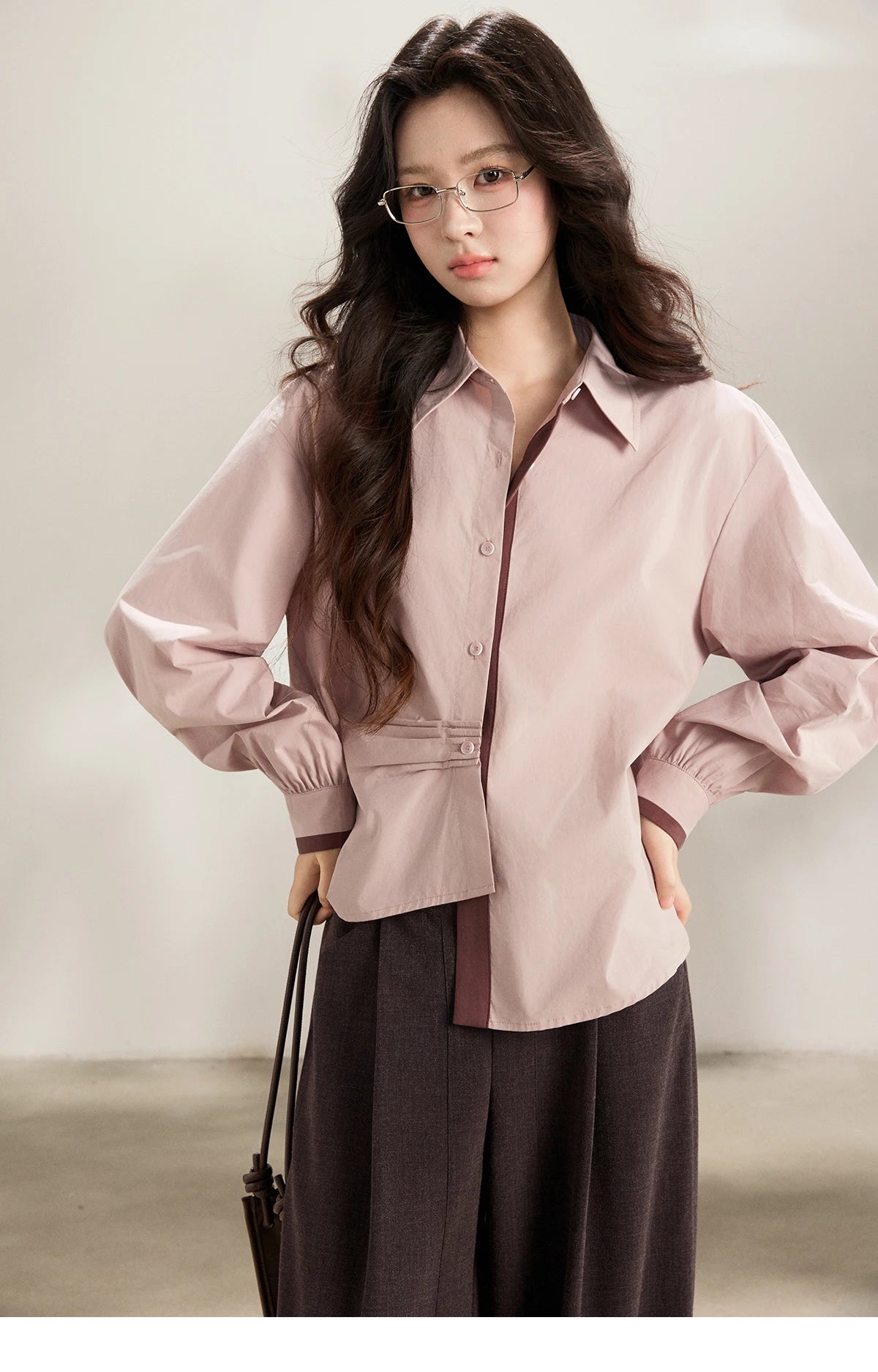 MISHOW Women's French 100 Cotton Contrasting Color Shirts Spring Polo Neck Asymmetrical Casual Commute Loose Shirt MXF13C2435