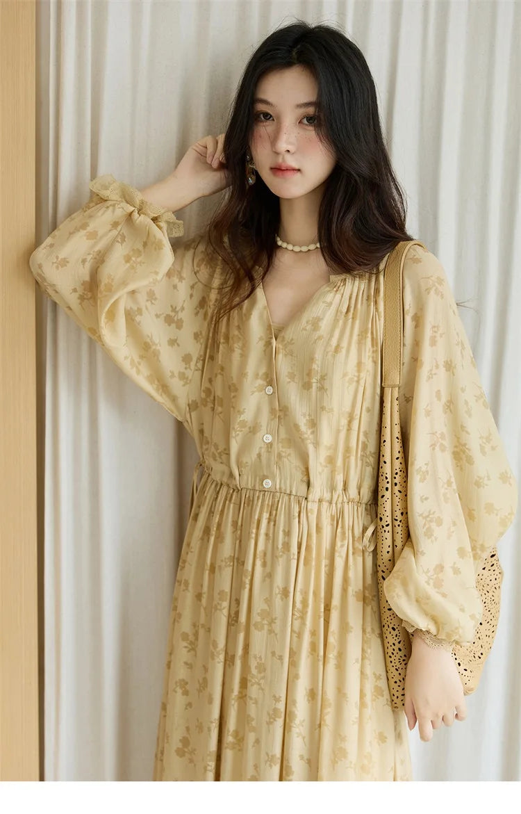 MISHOW Yellow Printing Dress for Woman 2025 Autumn Elegant Lace Lantern Sleeve Waist Slim Long Dress V-neck Dress MXE47L2527