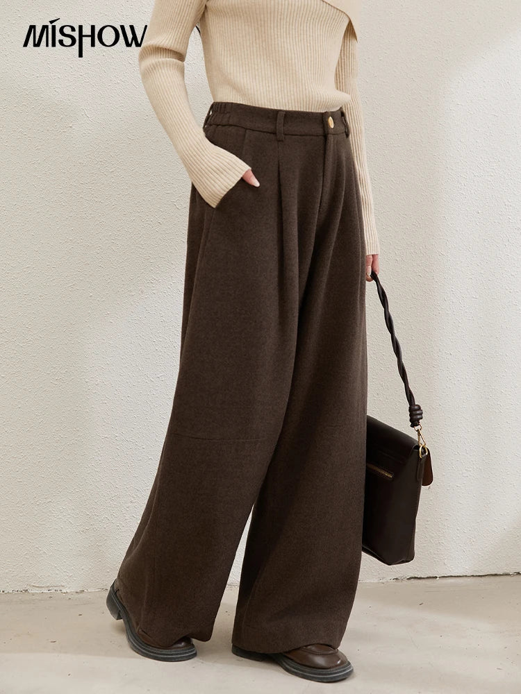 MISHOW Women Pants 2025 Autumn Winter Retro Brown Wide-leg Pants High Waist Design Loose Casual Drape Pants MXE88K1122