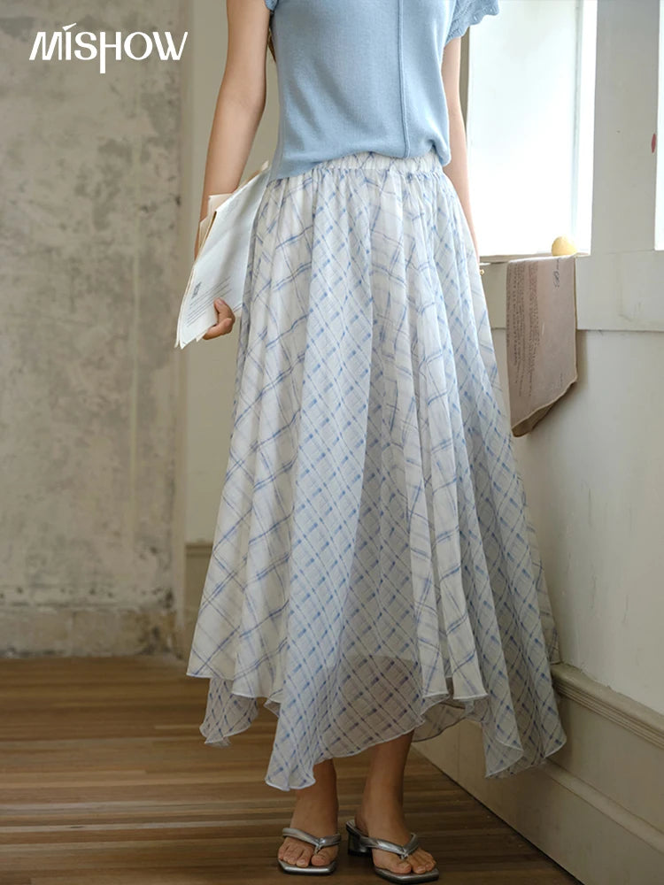 MISHOW Patchwork Plaid Chiffon Half Skirt for Women 2025 Summer Fashion Irregular Wave Edge High Waist A-line Skirt MXE34B0739