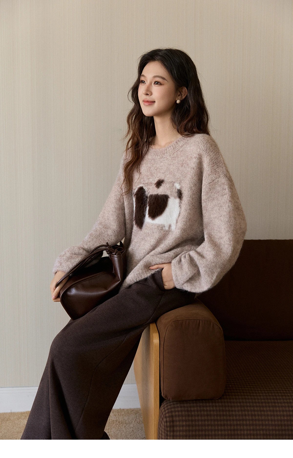 MISHOW Women's Solid Knitted Sweater 2025 Autumn Winter Dog Pattern Jacquard Crew Neck Fluffy Warm Loose Pullover Top MXE94Z2988