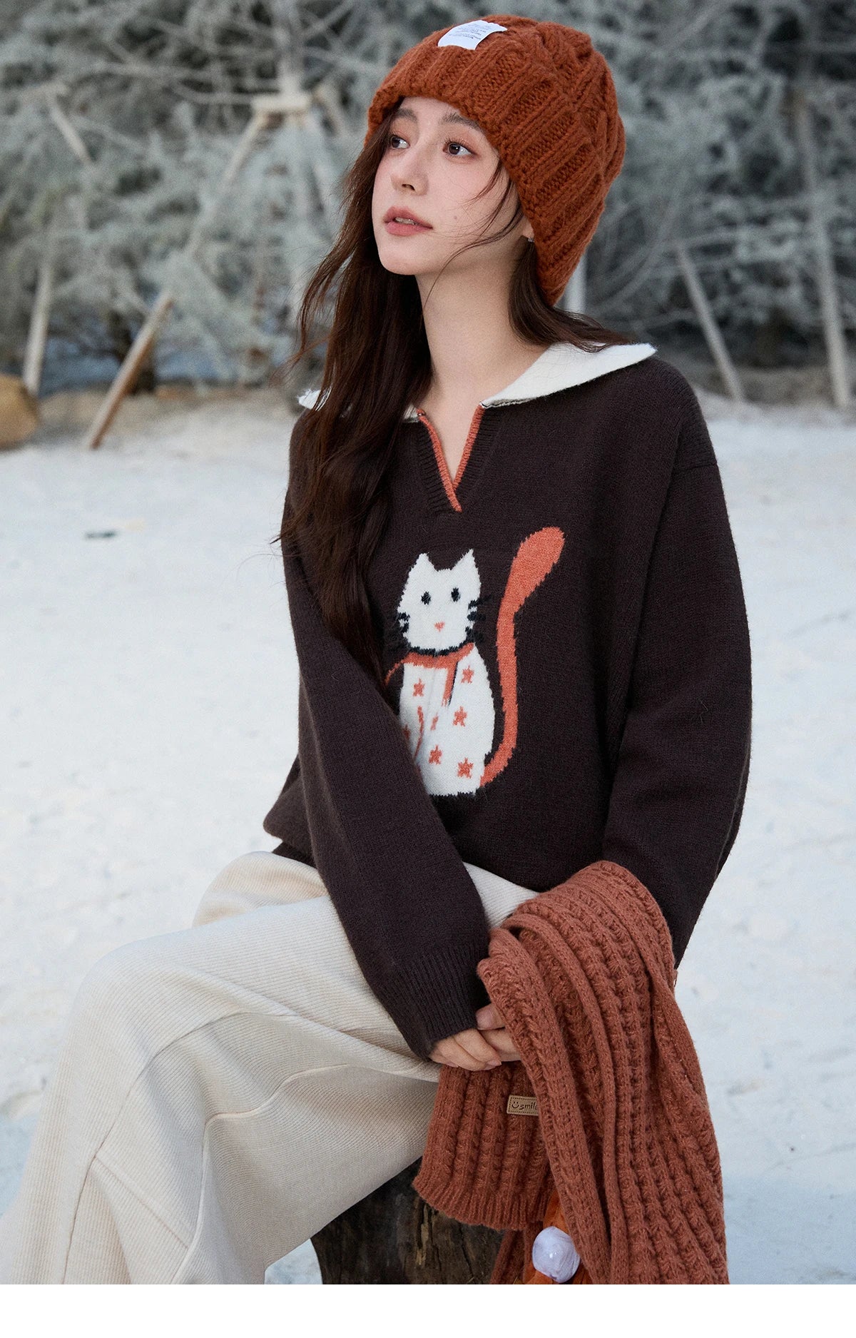 MISHOW Women's Retro Arctic Fleece Cat Sweater 2025 Autumn Winter Color Block Lapel 3D Jacquard Thick Knitted Top MXE90Z2835