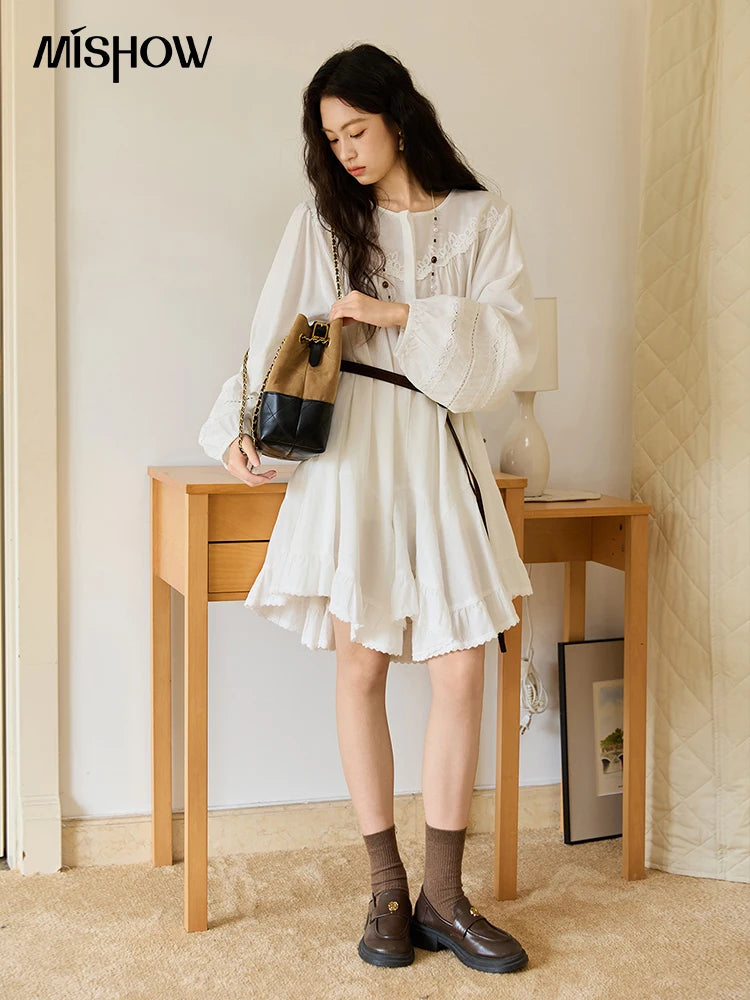 MISHOW Woman White Dress 2025 Autumn French Style O-neck Lace Ruffled Lantern Sleeves Dress Long Sleeves Party Dress MXE46L2519