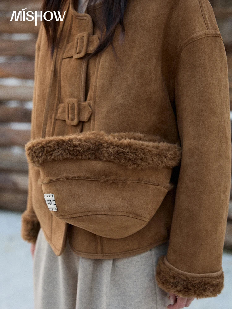 MISHOW Women's Warm Jacket 2025 Retro Luxury Brown Round Neck Long Sleeve Coat Commuting Windproof Loose Coat Woman  MXE90W0994